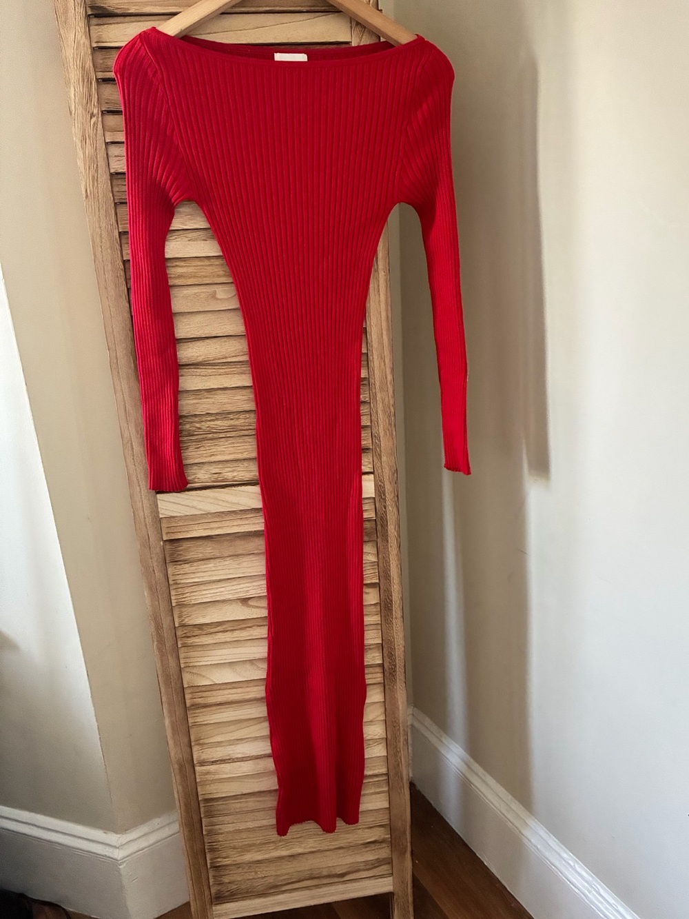 H&M Red Holiday Ribbed Knit Boat Neck Midi Dress Long Sleeve XXS Bodycon